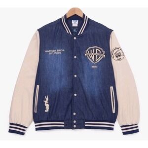 NEW Warner Bros Studio Denim Varsity Jacket Men XL Embroidere Patches Bugs Bunny